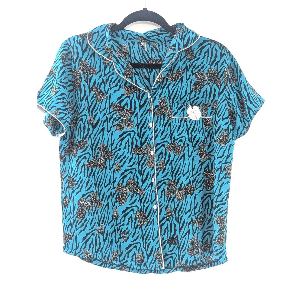 Mai Ngo Satin Blue Zebra Butterfly Print Button Up Pajama Top Bow Size Large
